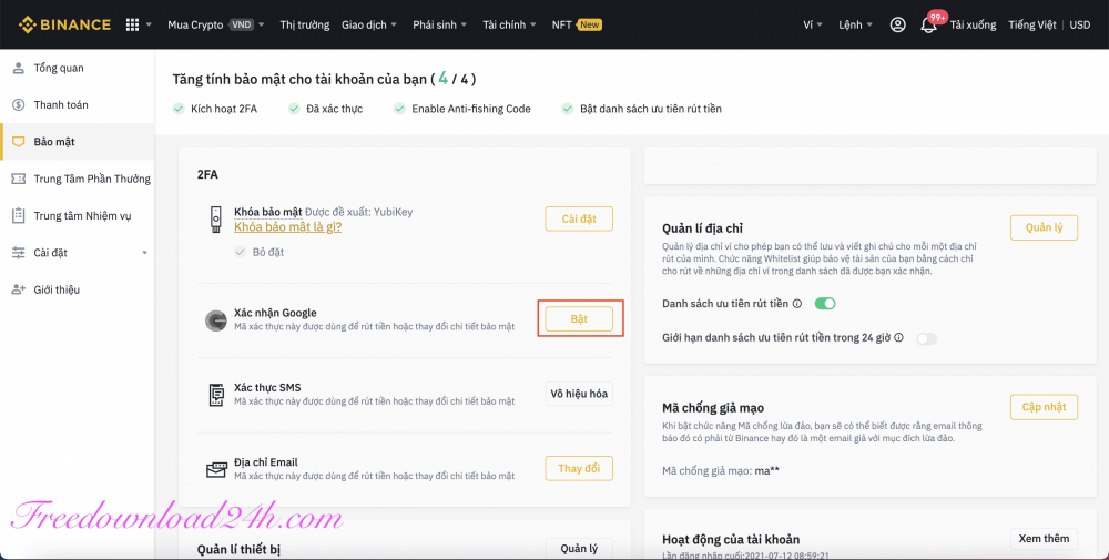 Bảo mật Goolge tài khoản Binance