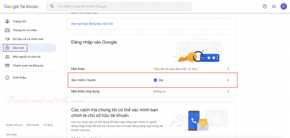 Cài đặt mã dự phòng Gmail