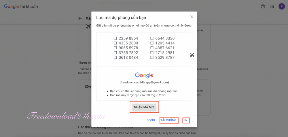 Cài đặt mã dự phòng Gmail