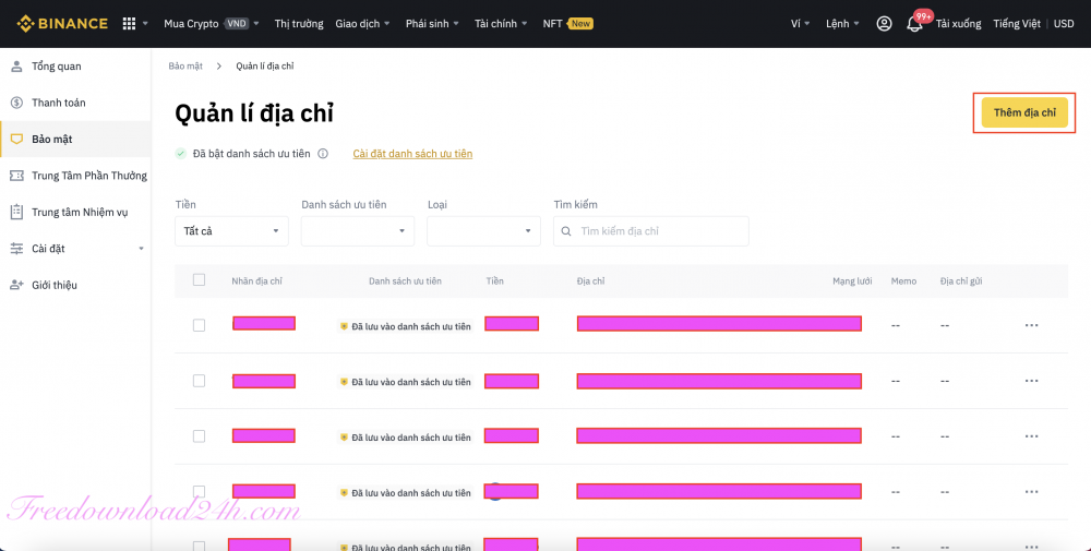 Quản lý địa chỉ Binance