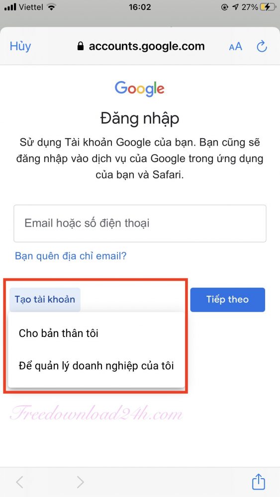 Tạo tài khoản Gmail trên điện thoại