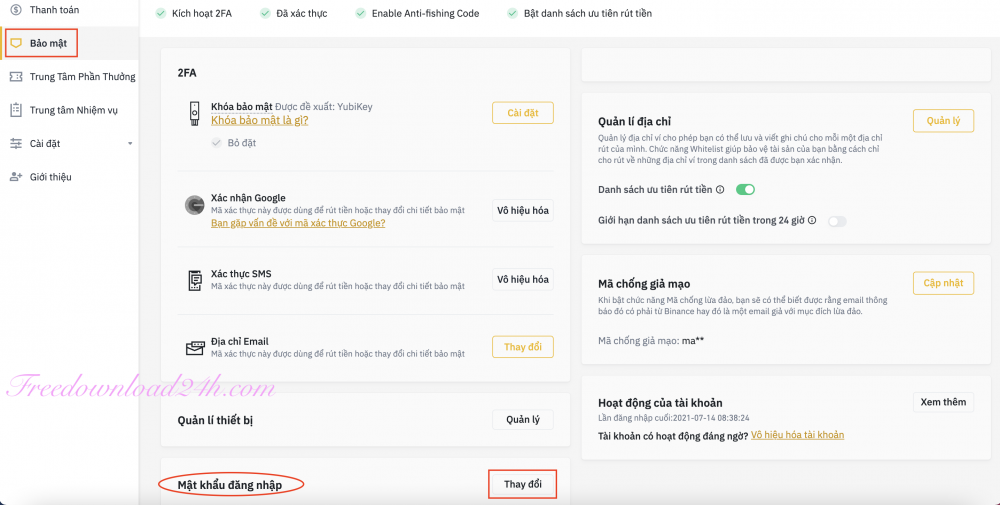 Thay đổi mật khẩu tài khoản Binance