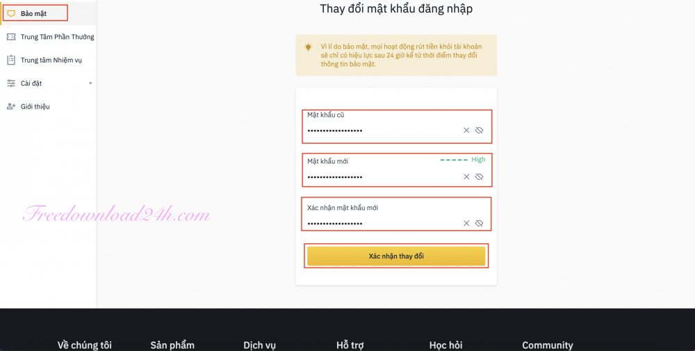 Thay đổi mật khẩu tài khoản Binance