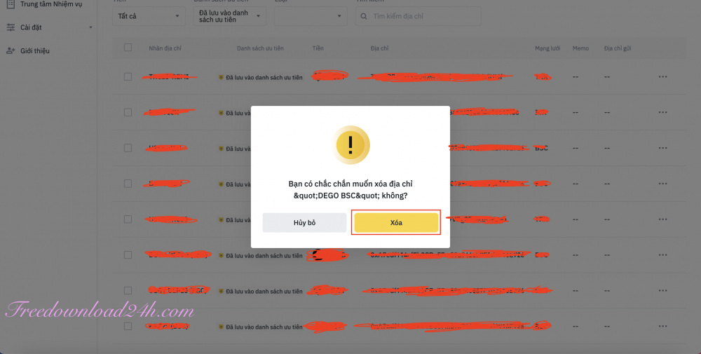 Xoá địa chỉ ví Binance