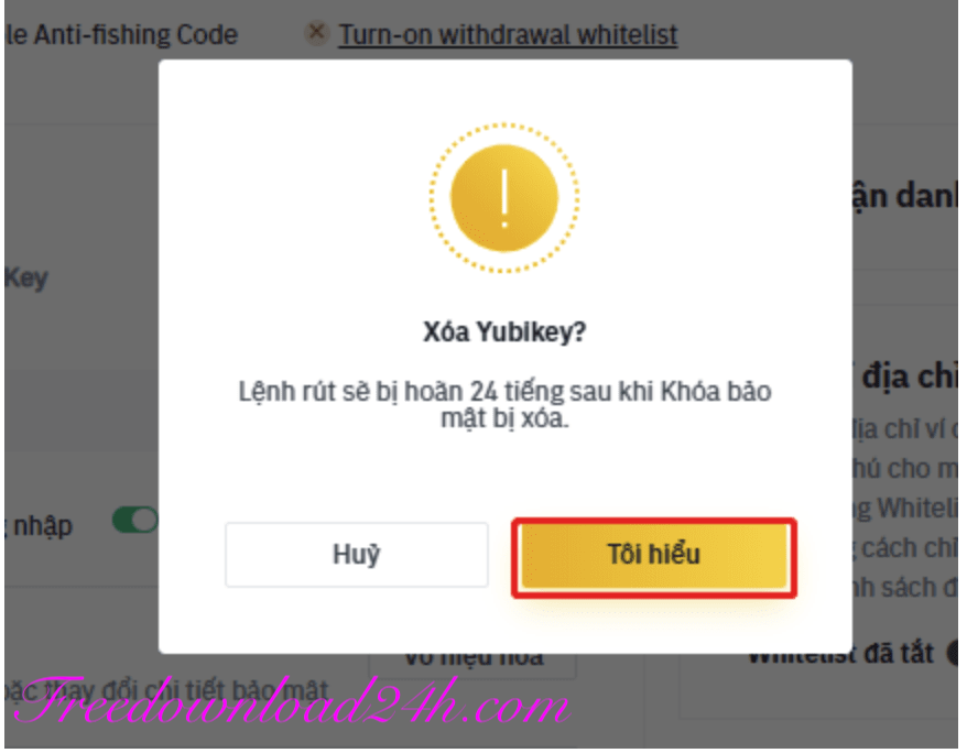 Xoá bảo mật YubiKey tài khoản Binance